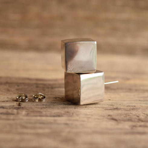 Modernist Cube Earrings Signed Sterling Silver HOB